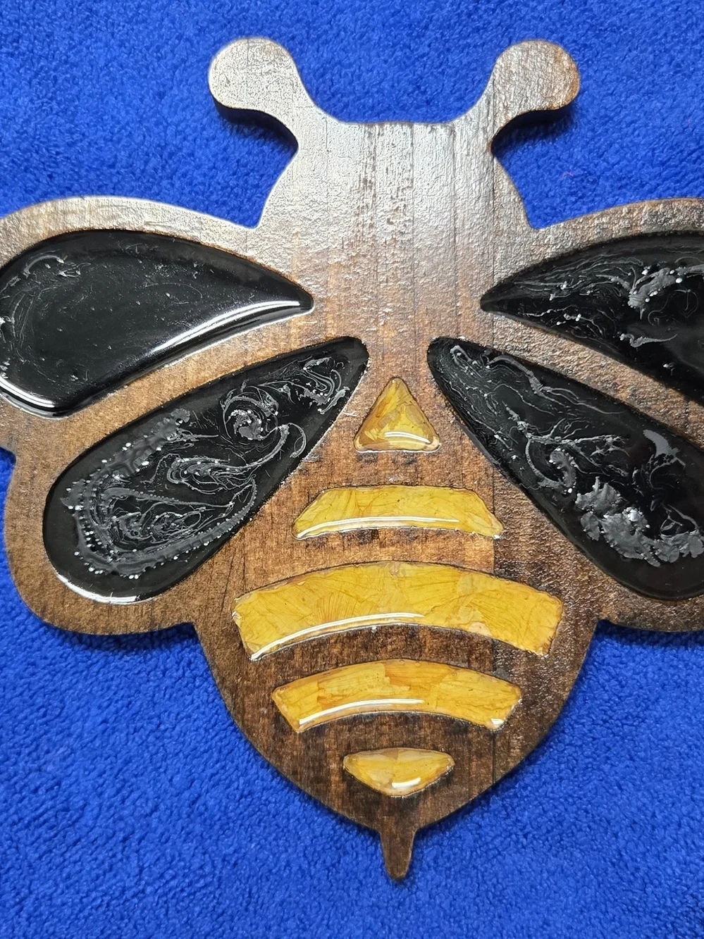 Handcrafted Bee Wall Art - Black and Amber Accent Yellow Dried Flowers